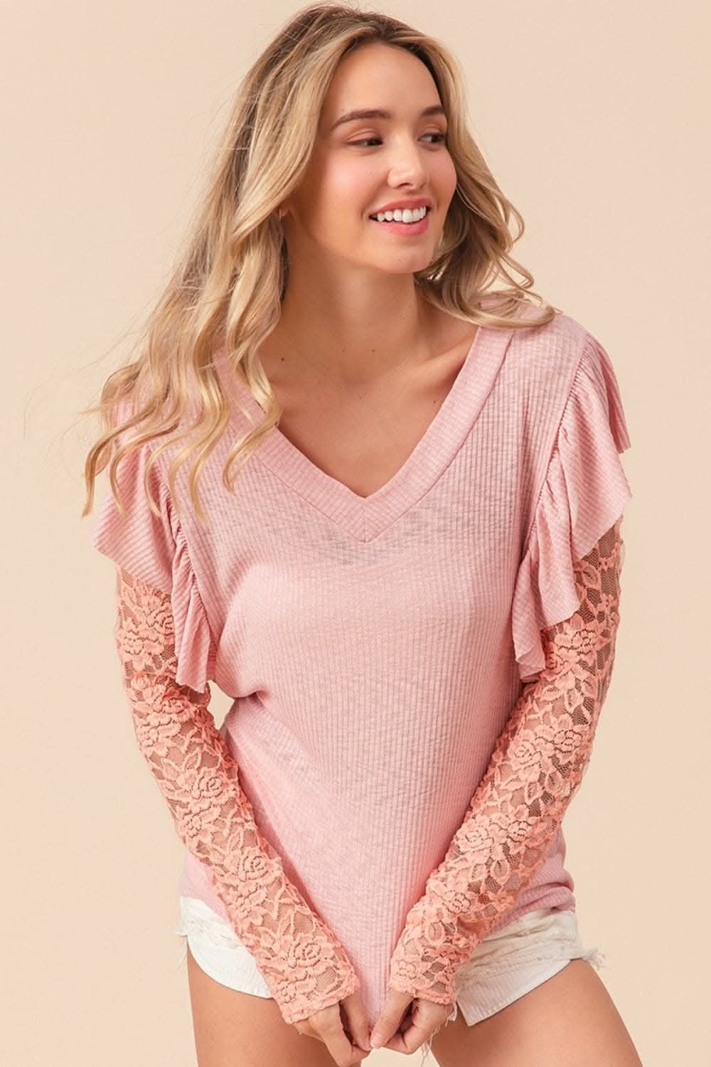 BiBi Ruffled Lace Sleeve Rib Knit Top - Love Salve